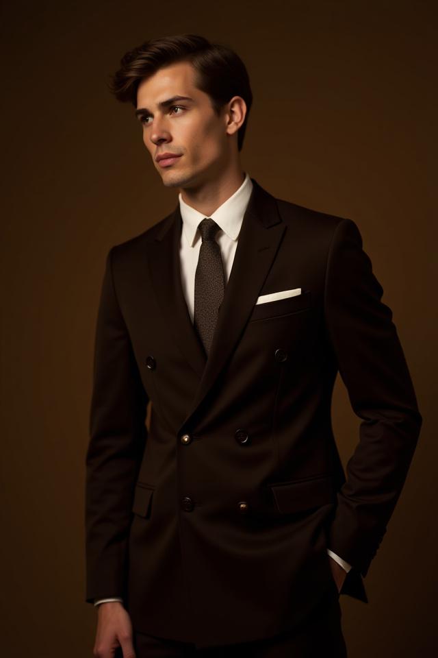 Modèle en costume croisé marron chocolat, chemise blanche et cravate texturée, pose posée