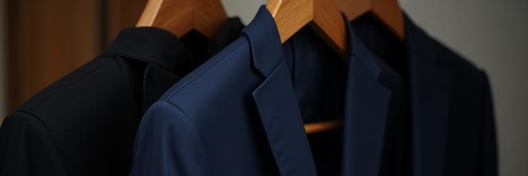 Un costume impeccablement repassé et entretenu, avec des accessoires de soin du vêtement en arrière-plan.